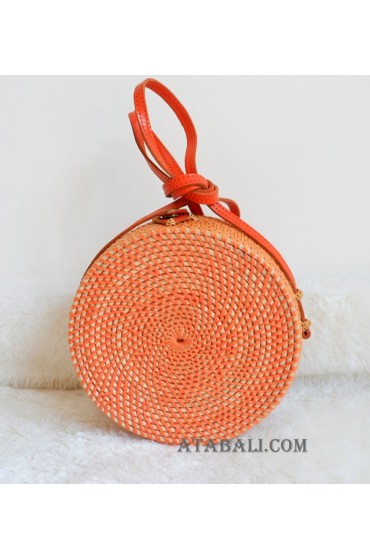 coloring rattan circle sling leather bags orange color